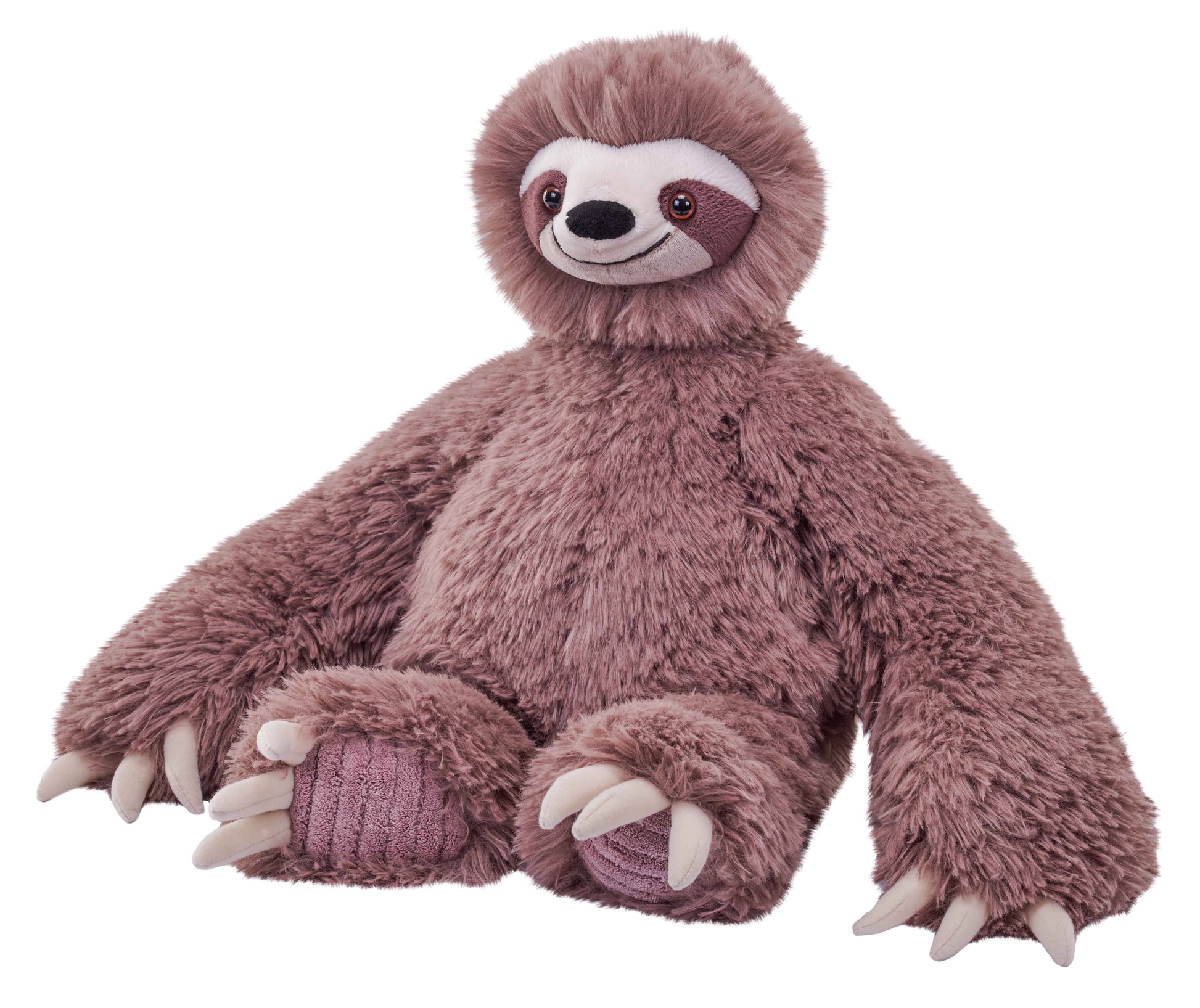 Plush sloth stuffed animal with long textured fur and realistic claws.