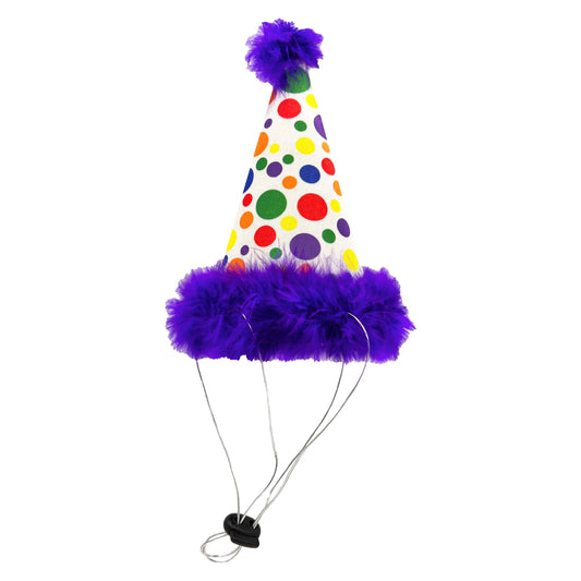 Colorful pet birthday party hat with purple trim and adjustable straps