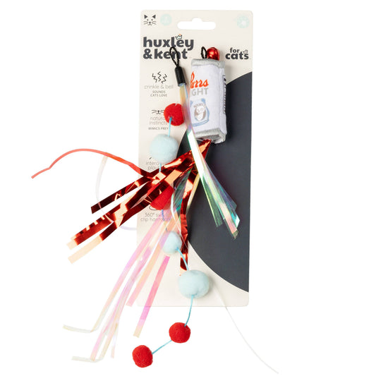 Colorful cat wand refill with streamers, pom poms, and a plush can toy