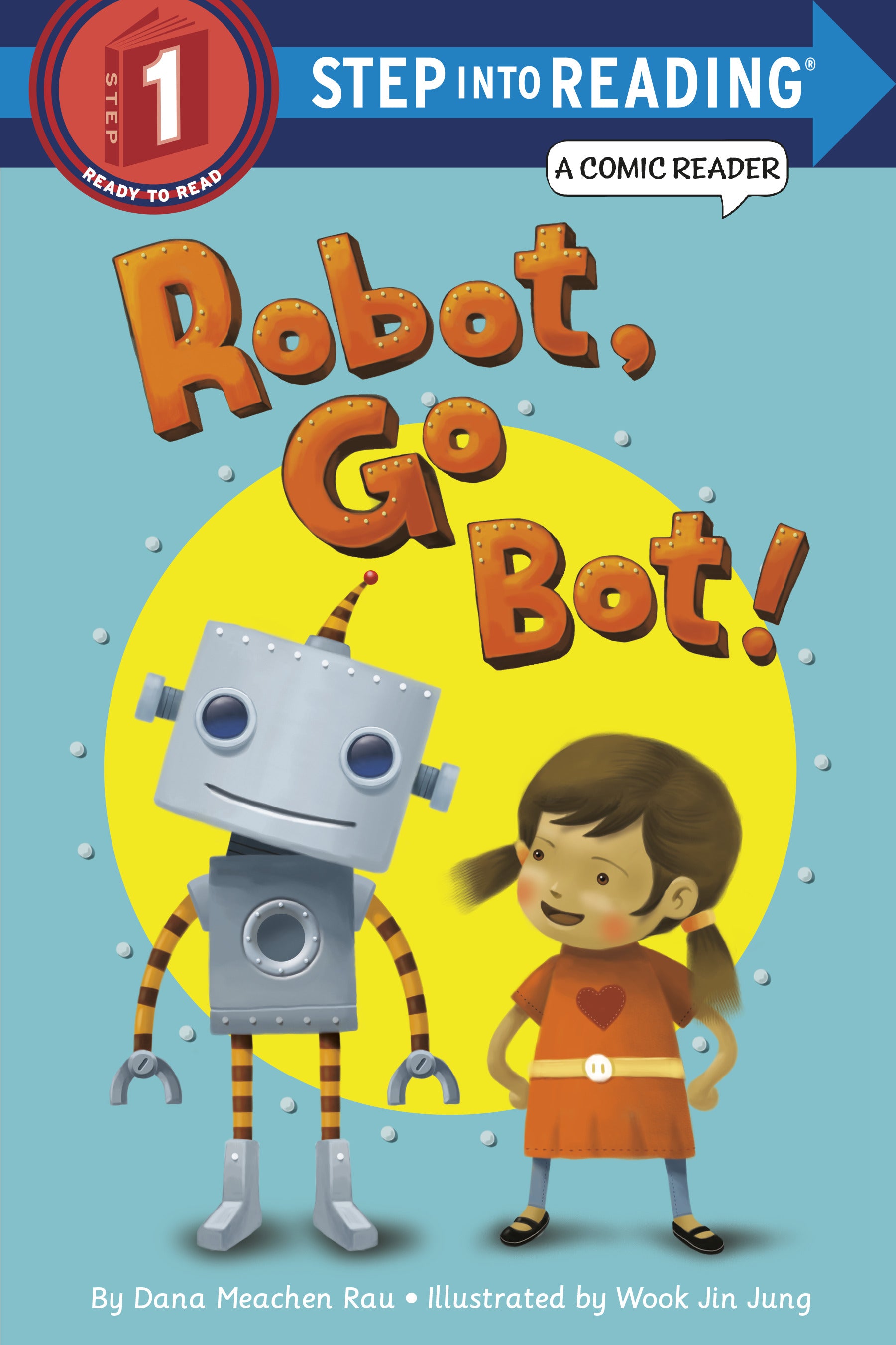Children's comic-style book cover showing a robot and a girl smiling