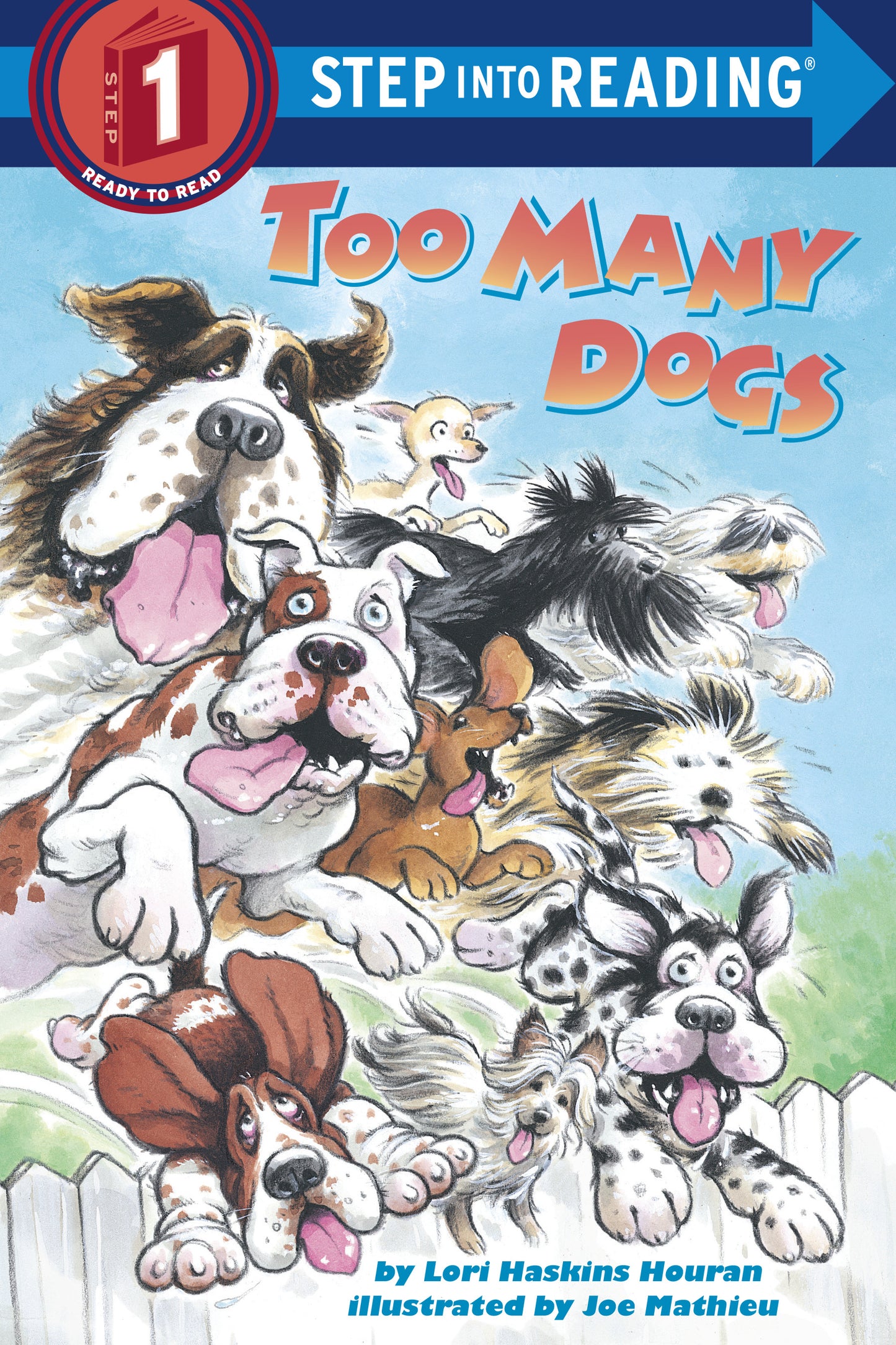 Illustrated children’s book cover with a playful group of animated dogs