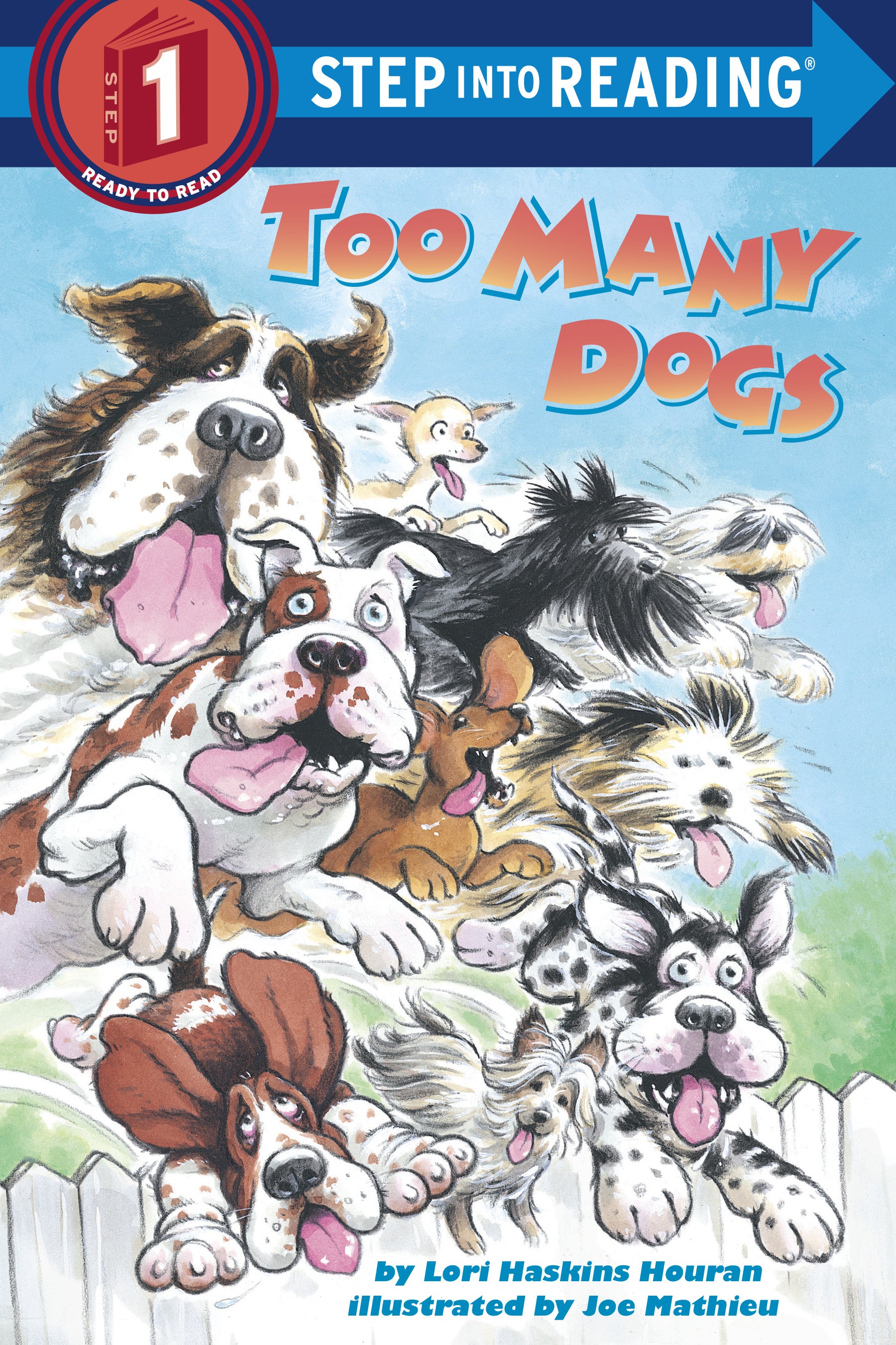 Illustrated children’s book cover with a playful group of animated dogs