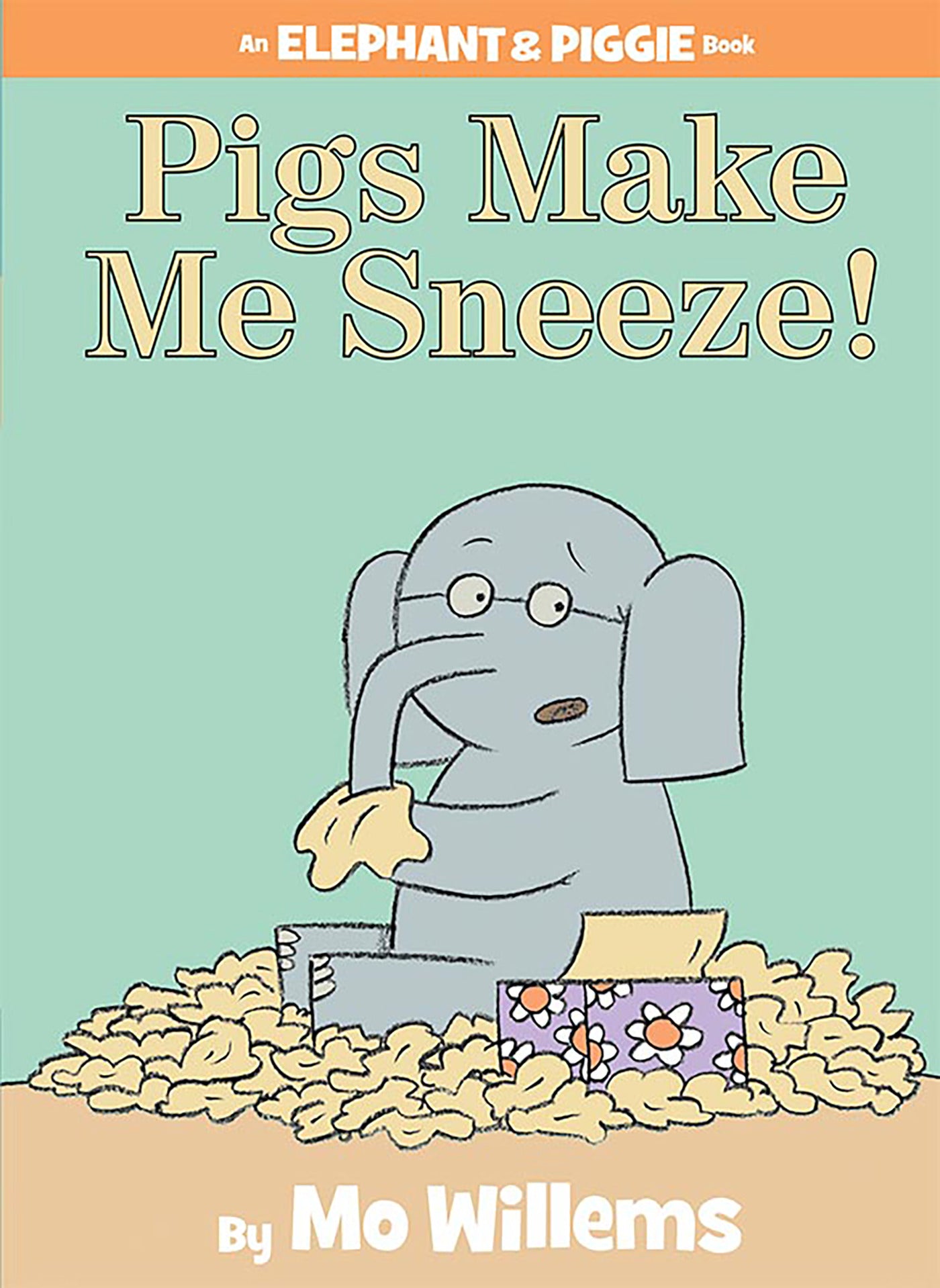 Children's book cover showing a cartoon elephant sneezing with tissues