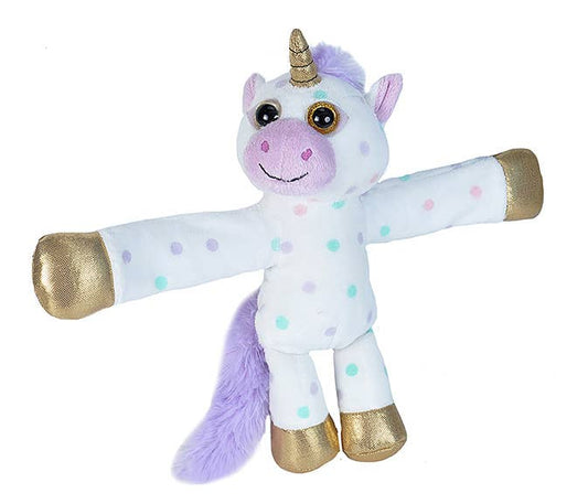 White polka dot unicorn plush toy with gold hooves and hugging arms