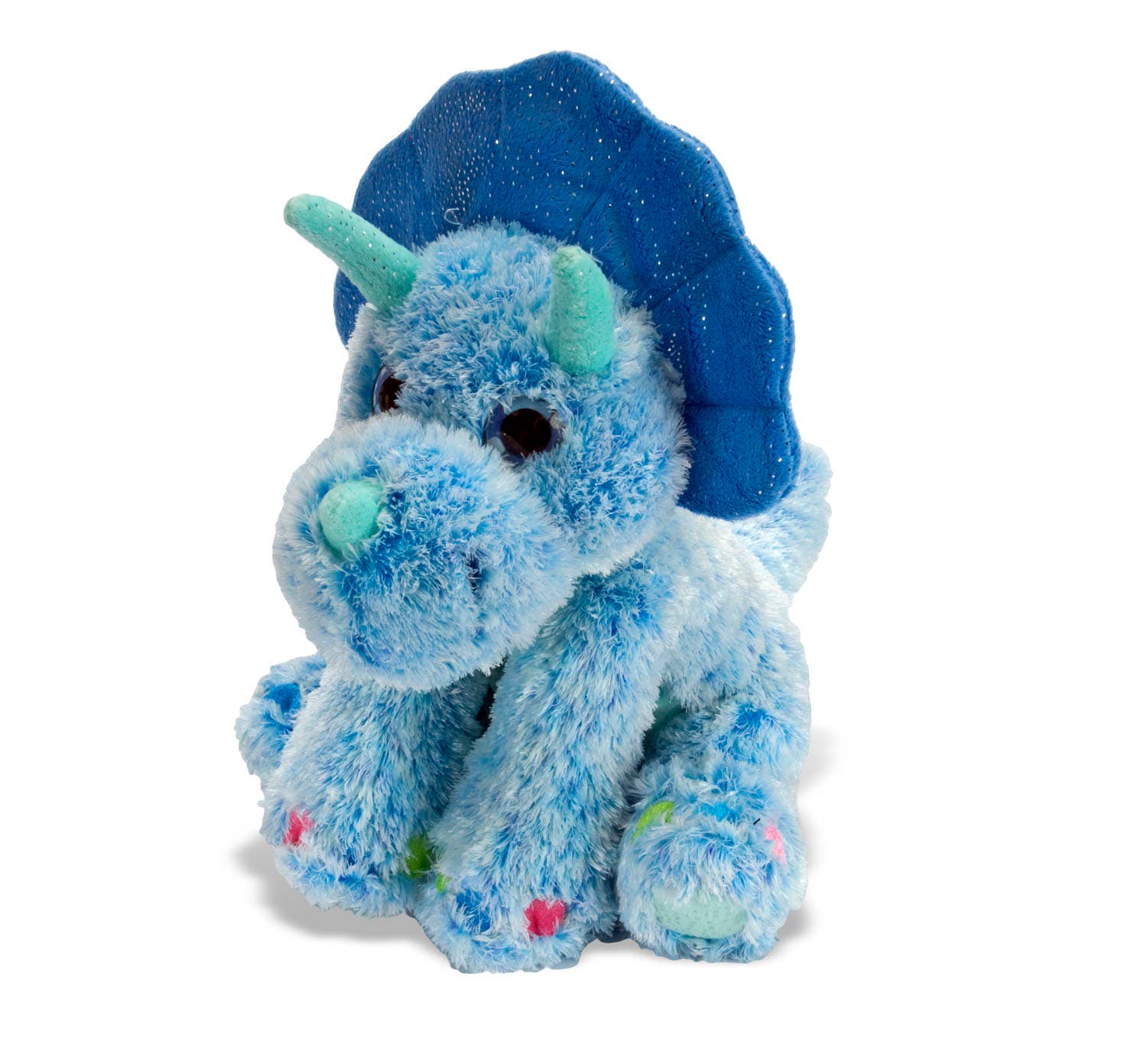 Blue plush triceratops with sparkly frill and colorful spots