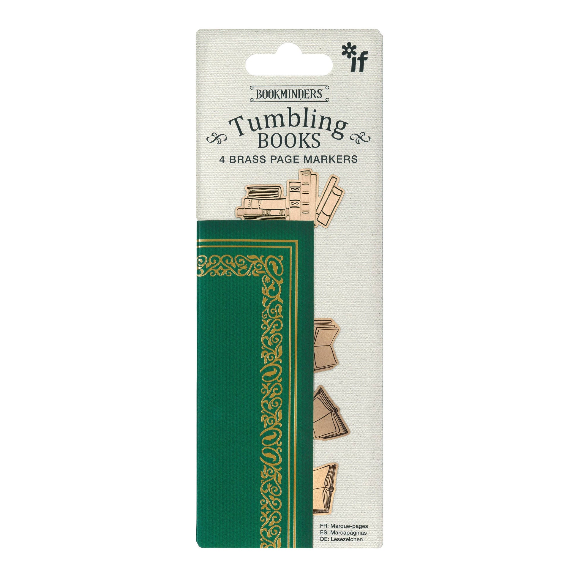 Four brass page markers in book shapes, packaged with a green and gold design.