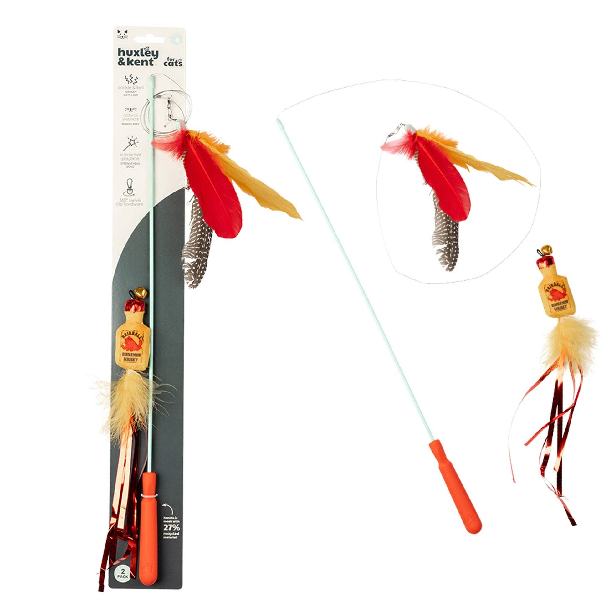 Cat wand toy with red and yellow feathers and a plush catnip bottle attachment