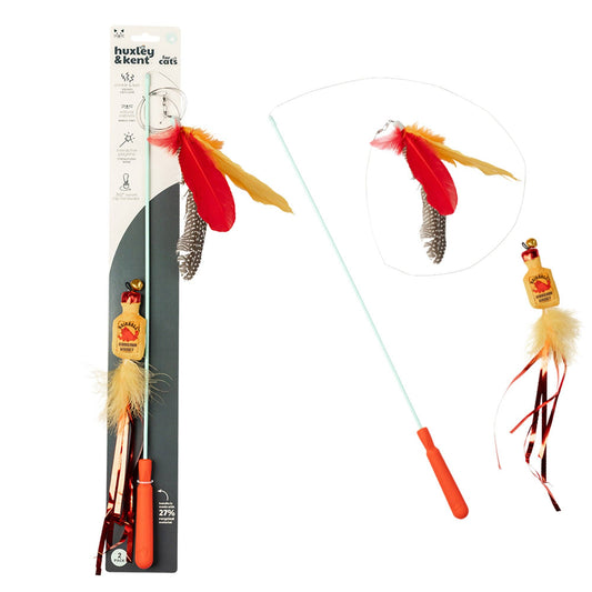 Cat wand toy with red and yellow feathers and a plush catnip bottle attachment