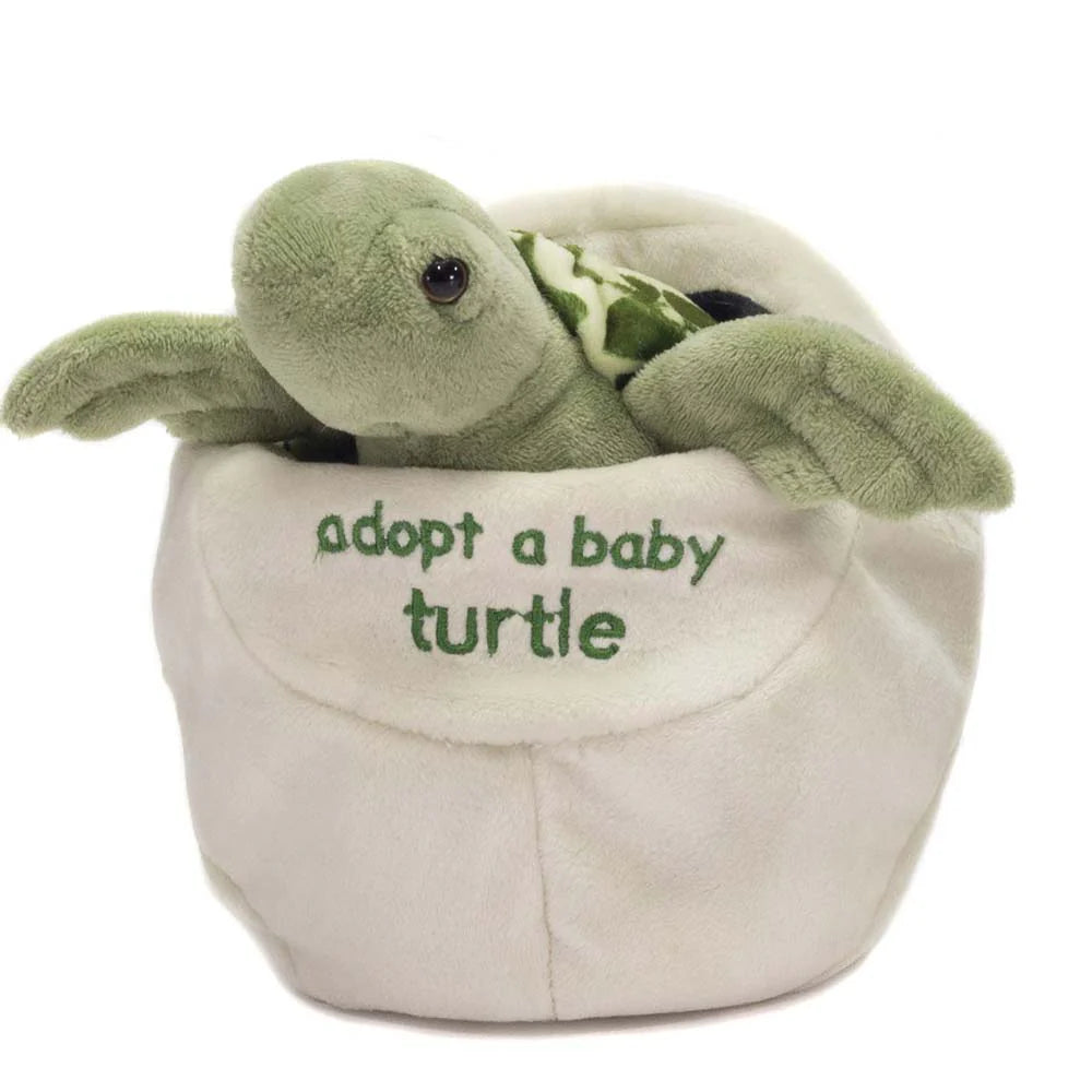 Plush baby turtle in soft white shell with green embroidery