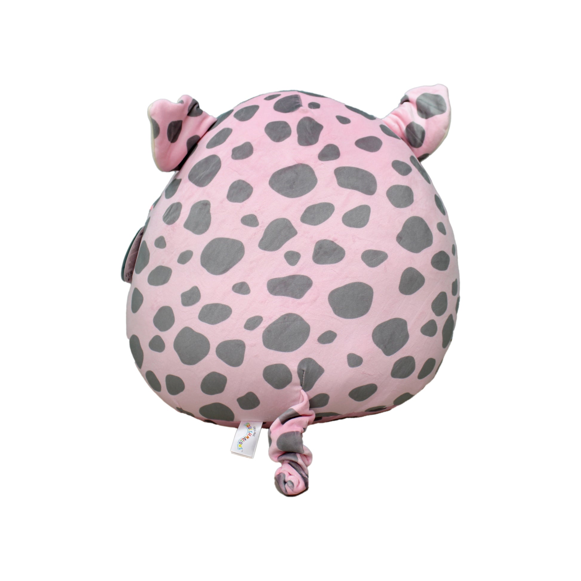 Pink spotted pig plush toy with gray spots, round shape, and floppy ears.