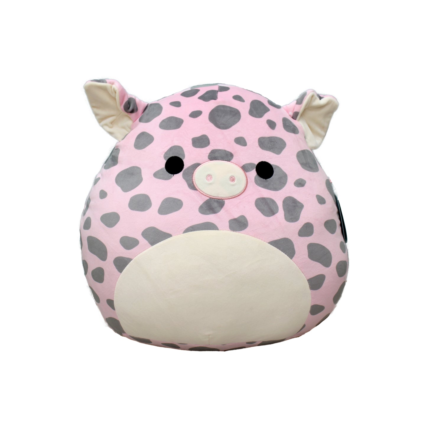 Large pink and gray spotted plush pig with round shape and soft texture
