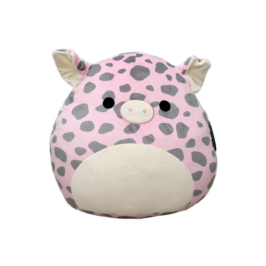 Large pink and gray spotted plush pig with round shape and soft texture