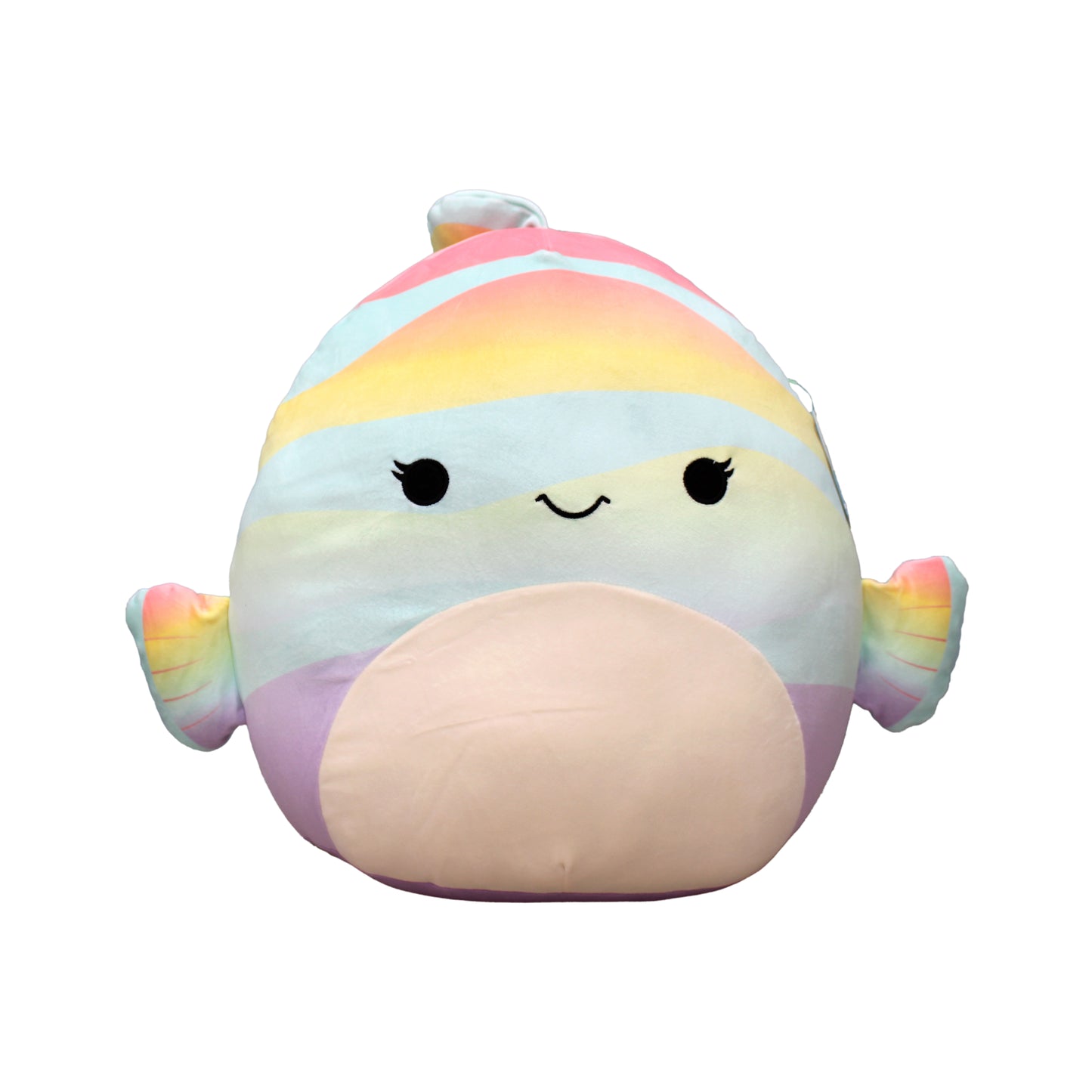 Large rainbow striped plush fish with pastel colors and smiling face