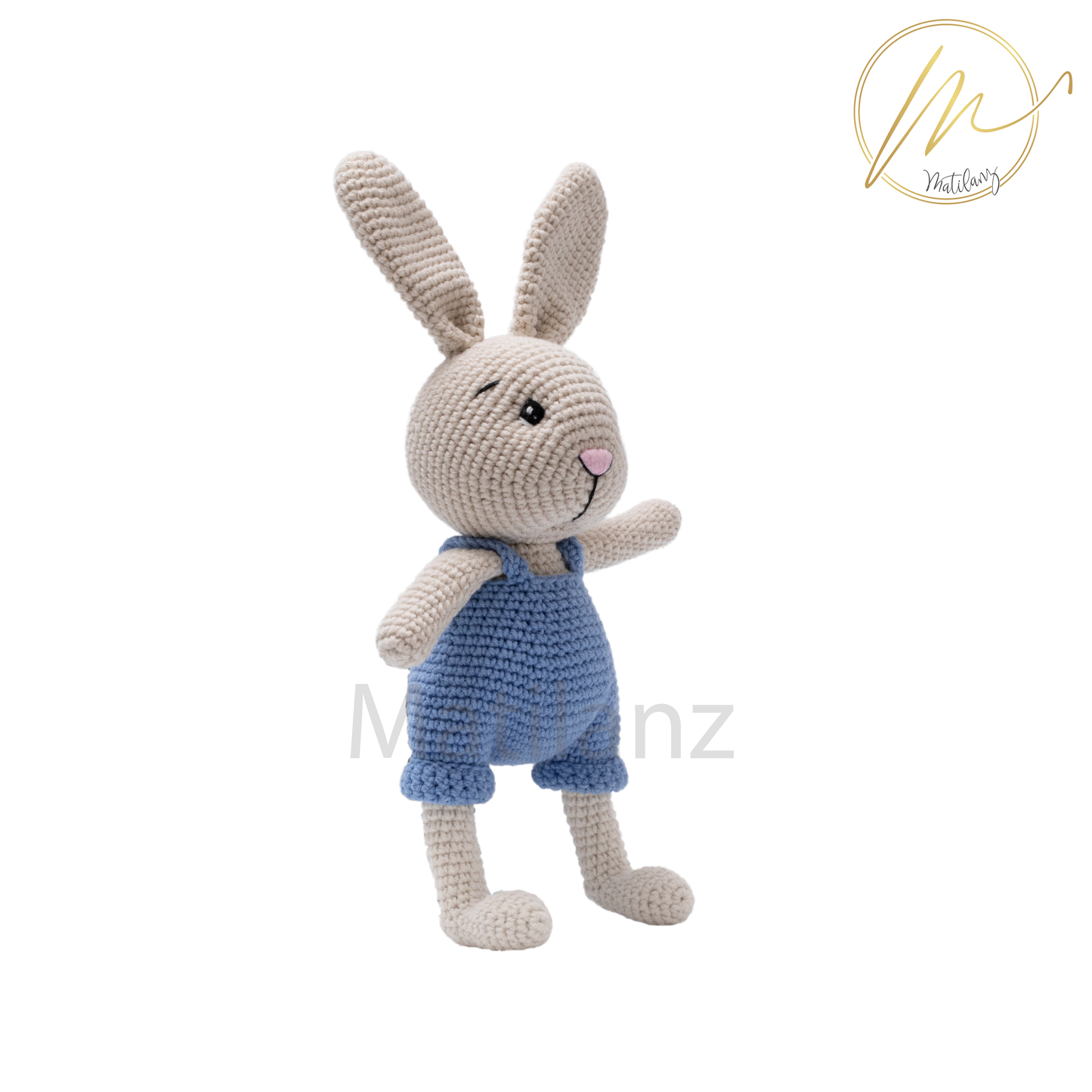 Crochet Rabbit Wearing Overalls - Handmade 9"
