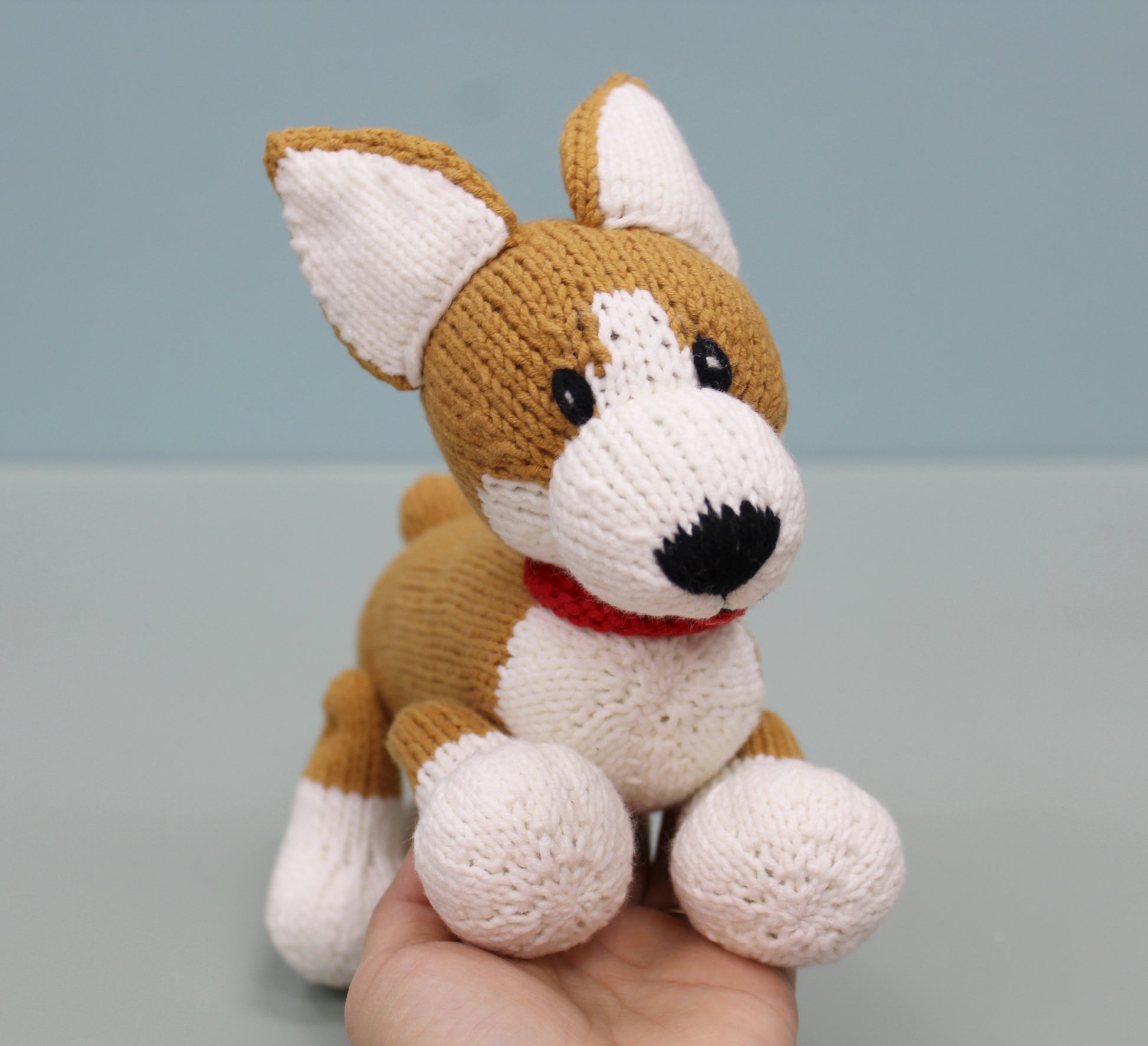 Brown and white handmade knitted corgi plush toy with a red collar, held in hand.