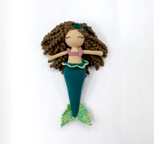 Handmade crochet mermaid doll with brown hair, pink top, and teal tail, 12 inches long.