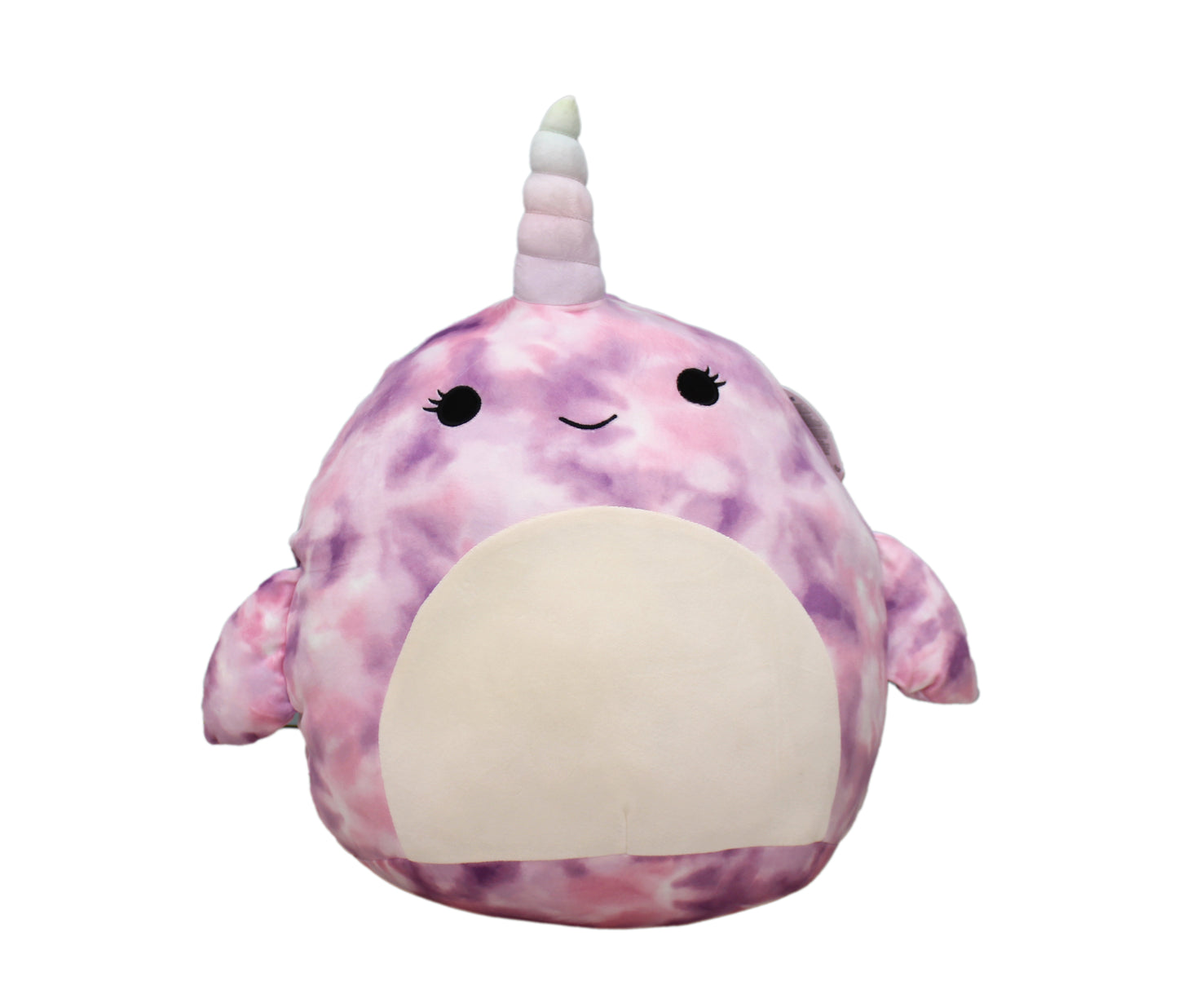 Large plush narwhal with pastel tie-dye pattern and stuffed unicorn horn