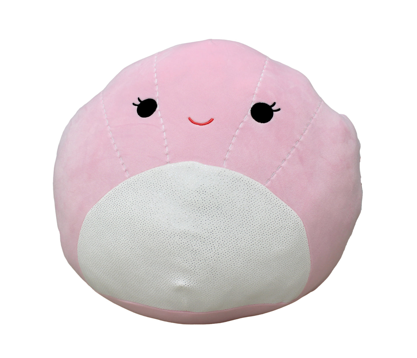 Large pink plush Squishmallow character with smiling face and white shell detail
