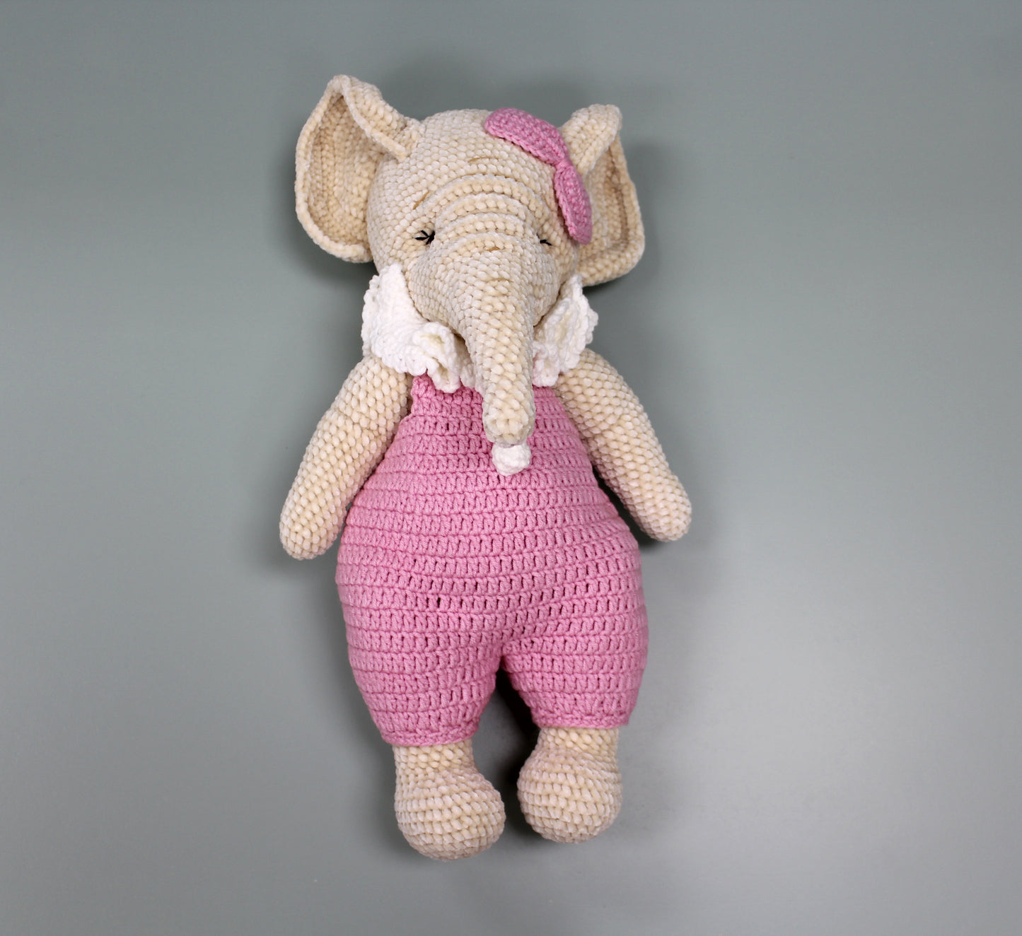 Large Crochet Elephant - Pink Overalls 13"