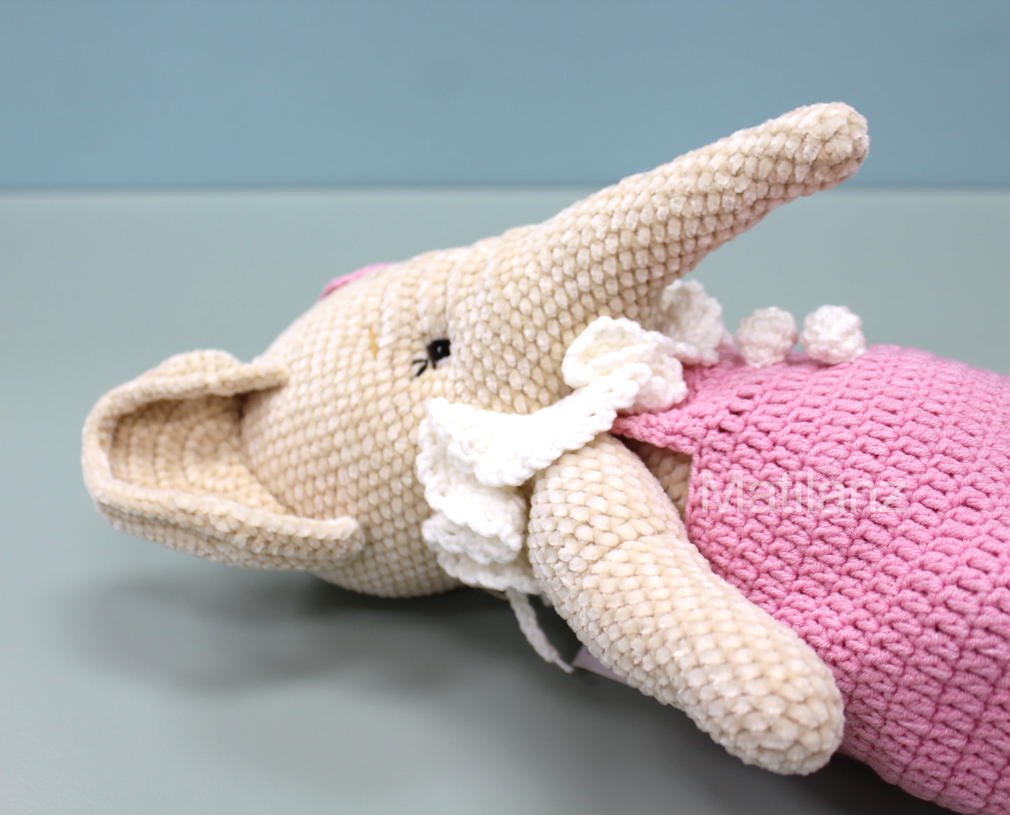Large Crochet Elephant - Pink Overalls 13"