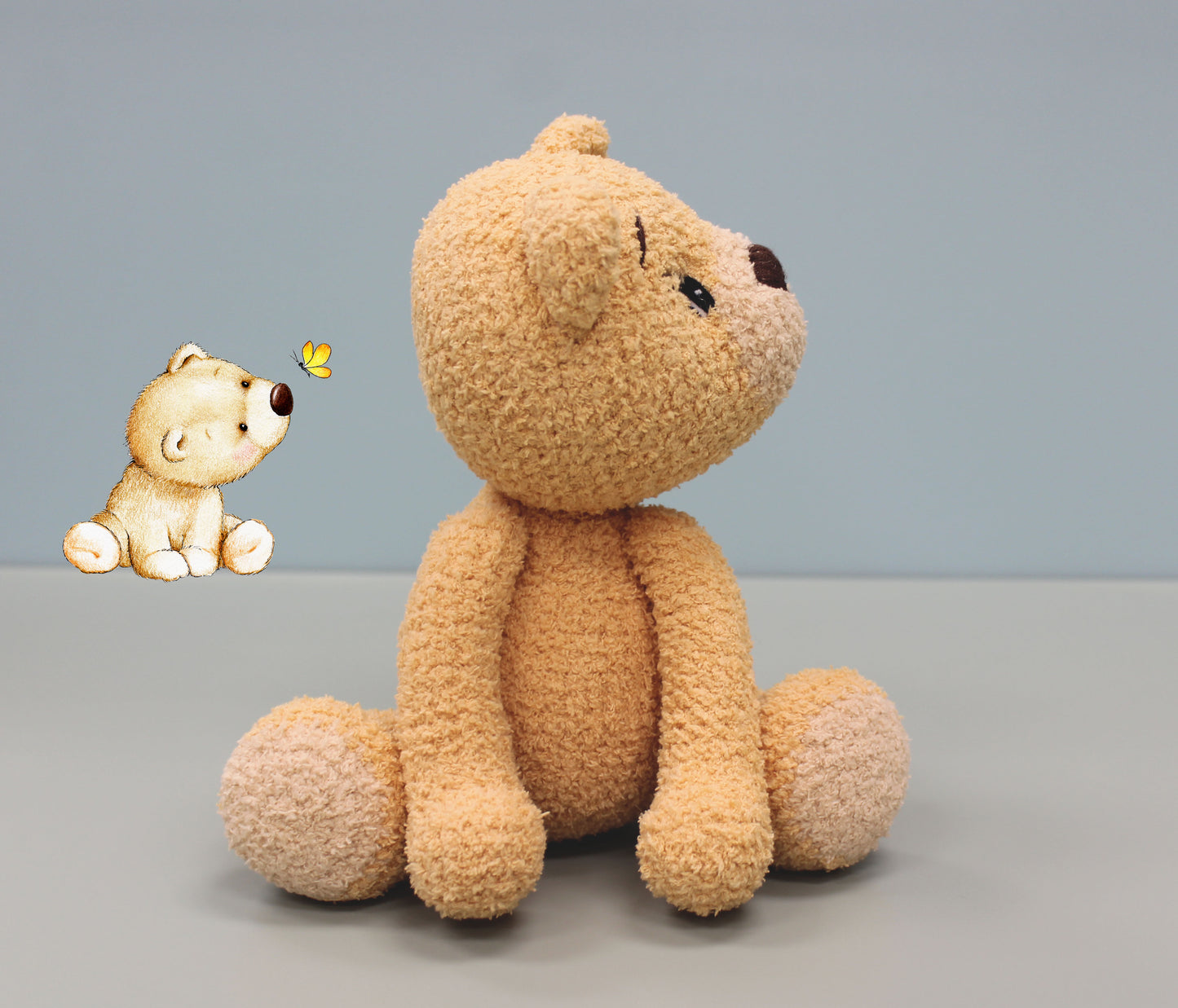Brown crochet bear with soft texture, seated posture, and embroidered facial features.
