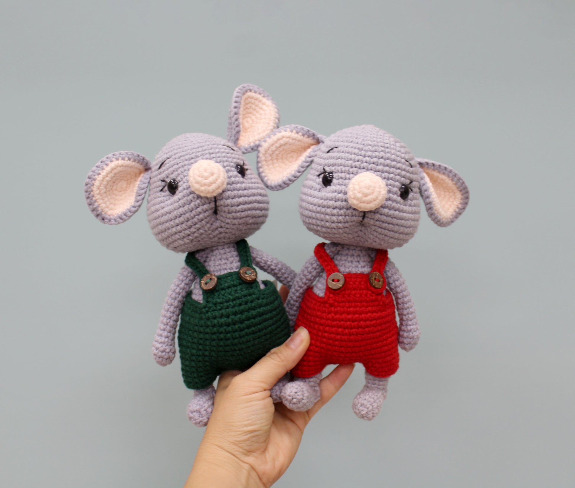 Handmade 7-inch Christmas mouse stuffed animal in gray with red or green overalls, perfect for festive gifting.