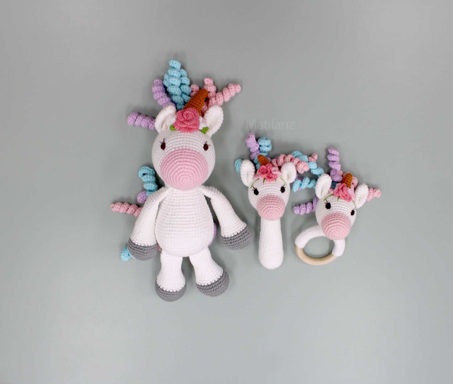 Unicorn Baby Toy Set – Handmade Crochet 3-Piece Sensory Gift for Babies & Toddlers