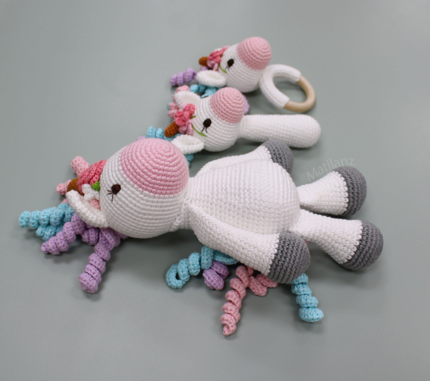 Unicorn Baby Toy Set – Handmade Crochet 3-Piece Sensory Gift for Babies & Toddlers