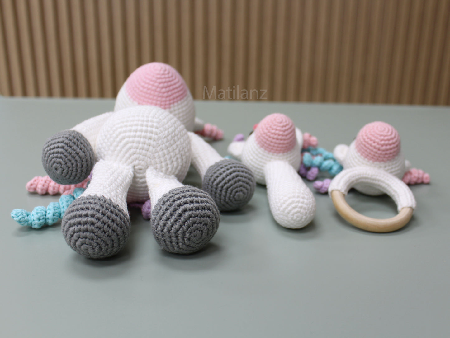 Unicorn Baby Toy Set – Handmade Crochet 3-Piece Sensory Gift for Babies & Toddlers