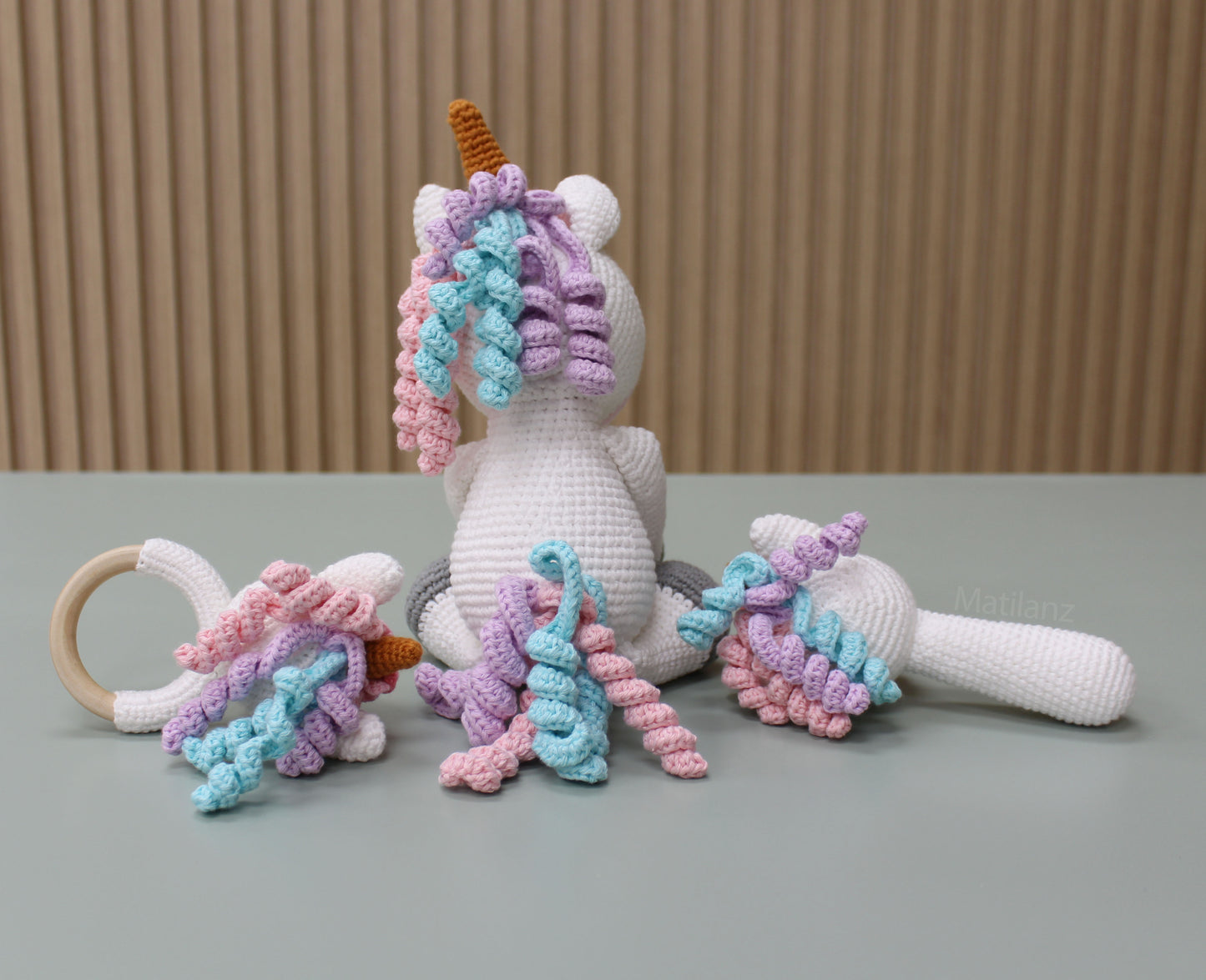 Unicorn Baby Toy Set – Handmade Crochet 3-Piece Sensory Gift for Babies & Toddlers