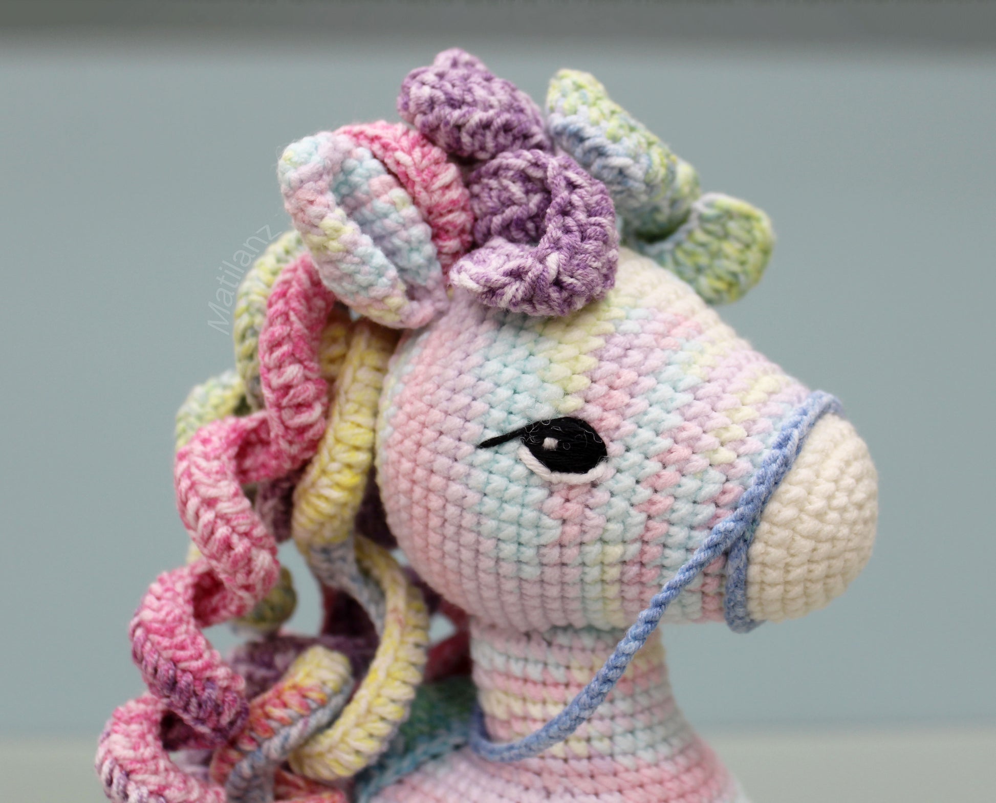 Colorful handmade crochet horse with a multicolored mane and detailed black eye.