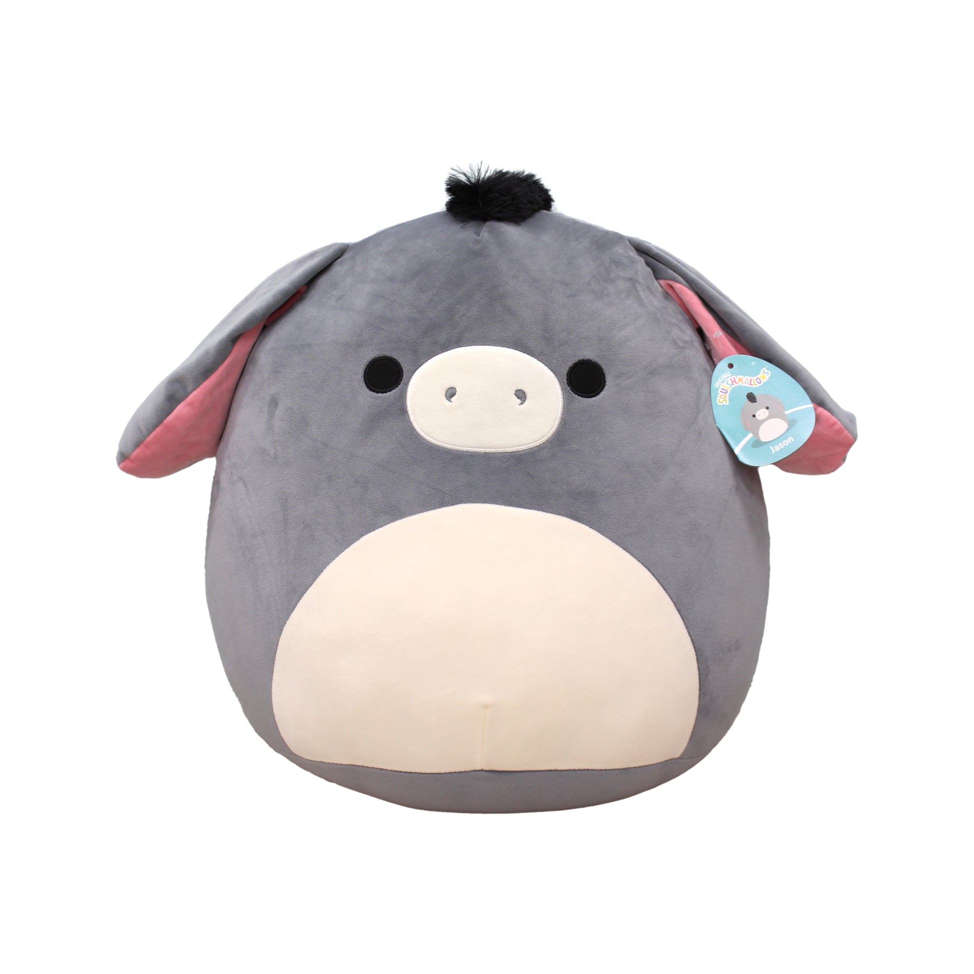 Gray plush donkey with pink ears and a white belly, featuring a cute, round design and a small black tuft on top.