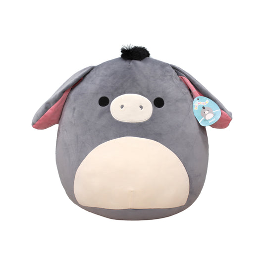 Gray plush donkey with pink ears and a white belly, featuring a cute, round design and a small black tuft on top.