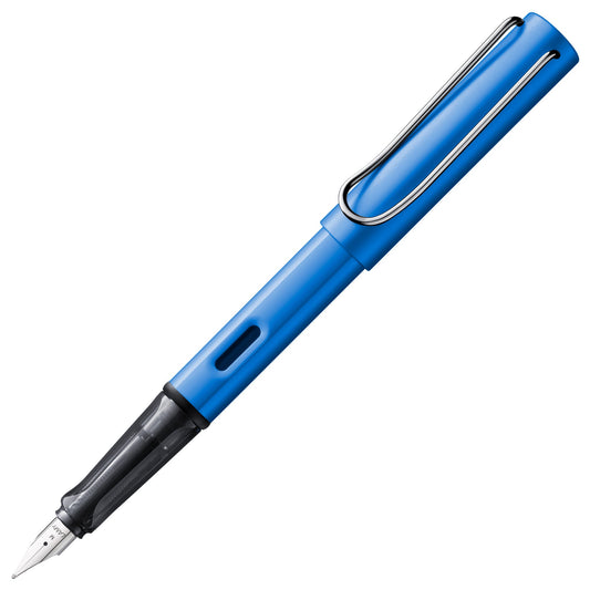 Polished ocean blue aluminum fountain pen with fine nib and transparent grip section.