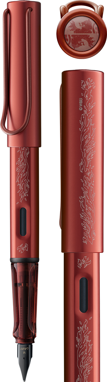 Red aluminum fountain pen with black nib, featuring flame engravings and Gryffindor lion emblem on cap.