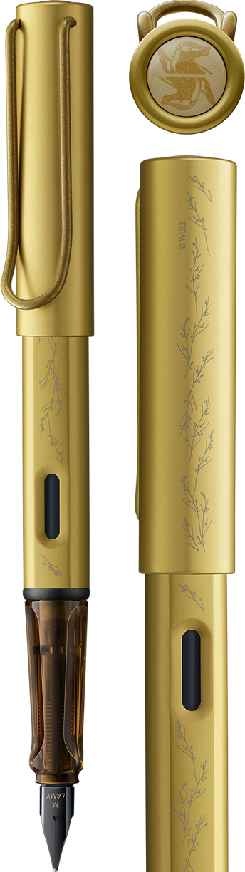 Yellow aluminum fountain pen with black nib, featuring delicate branch engravings and Hufflepuff animal crest on cap.