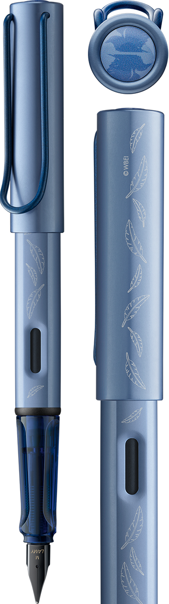 Cool blue aluminum fountain pen with black nib, engraved feather design, and Ravenclaw eagle crest on the cap.