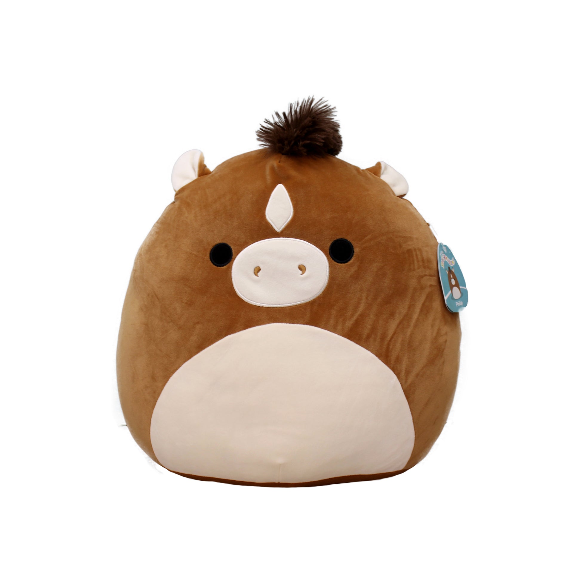Cute brown and white plush horse with a fluffy mane, soft and squishy, perfect for cuddling.