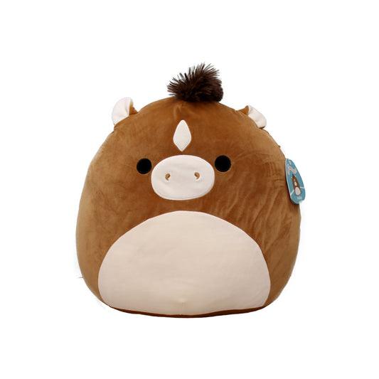 Cute brown and white plush horse with a fluffy mane, soft and squishy, perfect for cuddling.