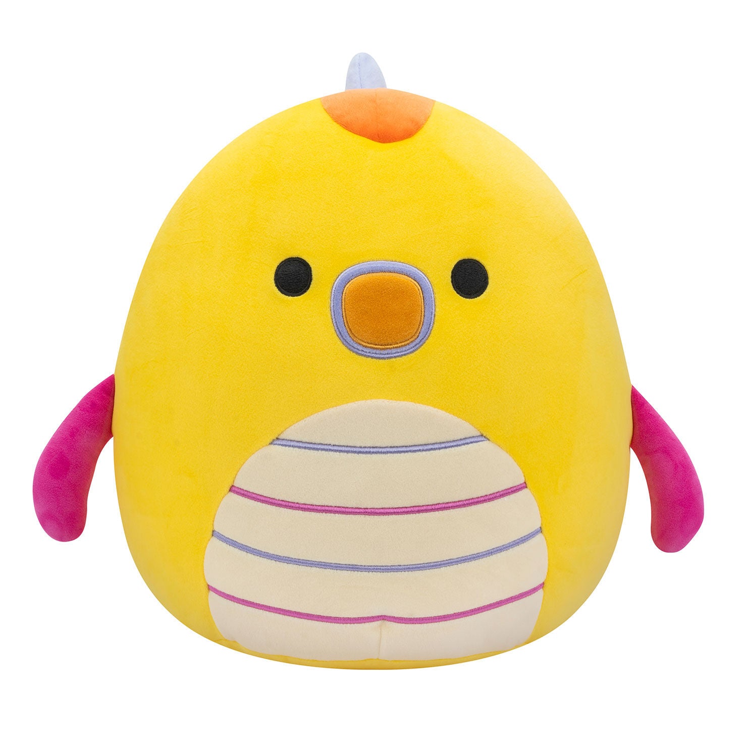 Yellow Squishmallows plush shaped like a seadragon with pink flippers and a striped belly