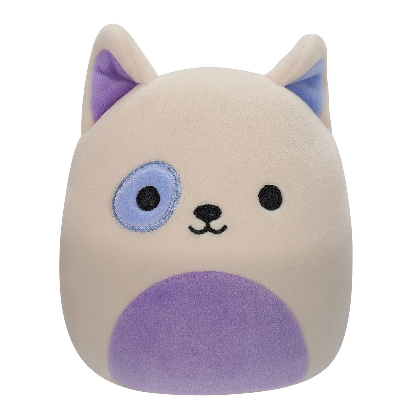 Plush pastel bull terrier Squishmallow with mismatched ears and a purple patch