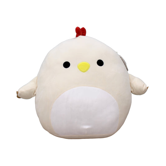 Large cream-colored chicken plush with red comb and yellow beak