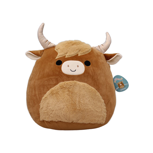 Brown plush yak with horns and a fluffy mane, 16 inches tall, perfect for cuddling.