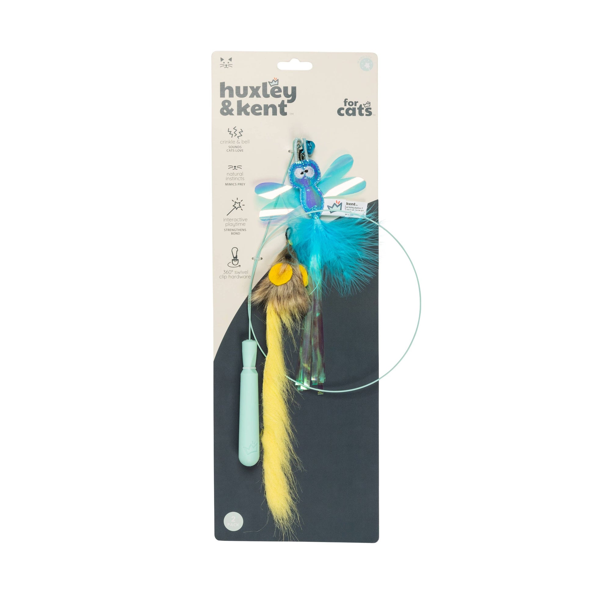 A blue wire dragonfly and brown mouse wand cat toy with feathers, designed for interactive play.