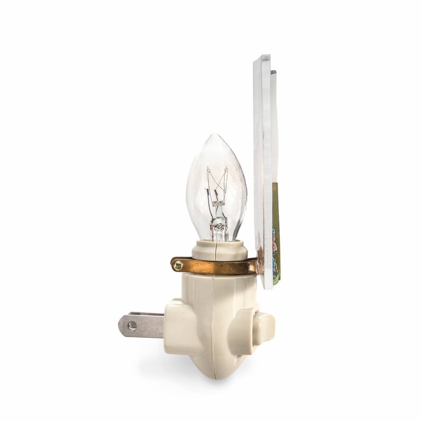Fused glass night light with a hummingbird design, featuring multicolor accents and a clear glass bulb.
