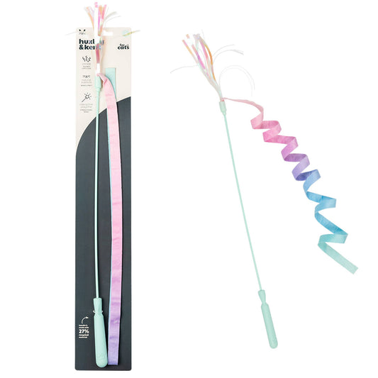 Pastel cat wand toy with crinkle ribbon and bell on mint green handle