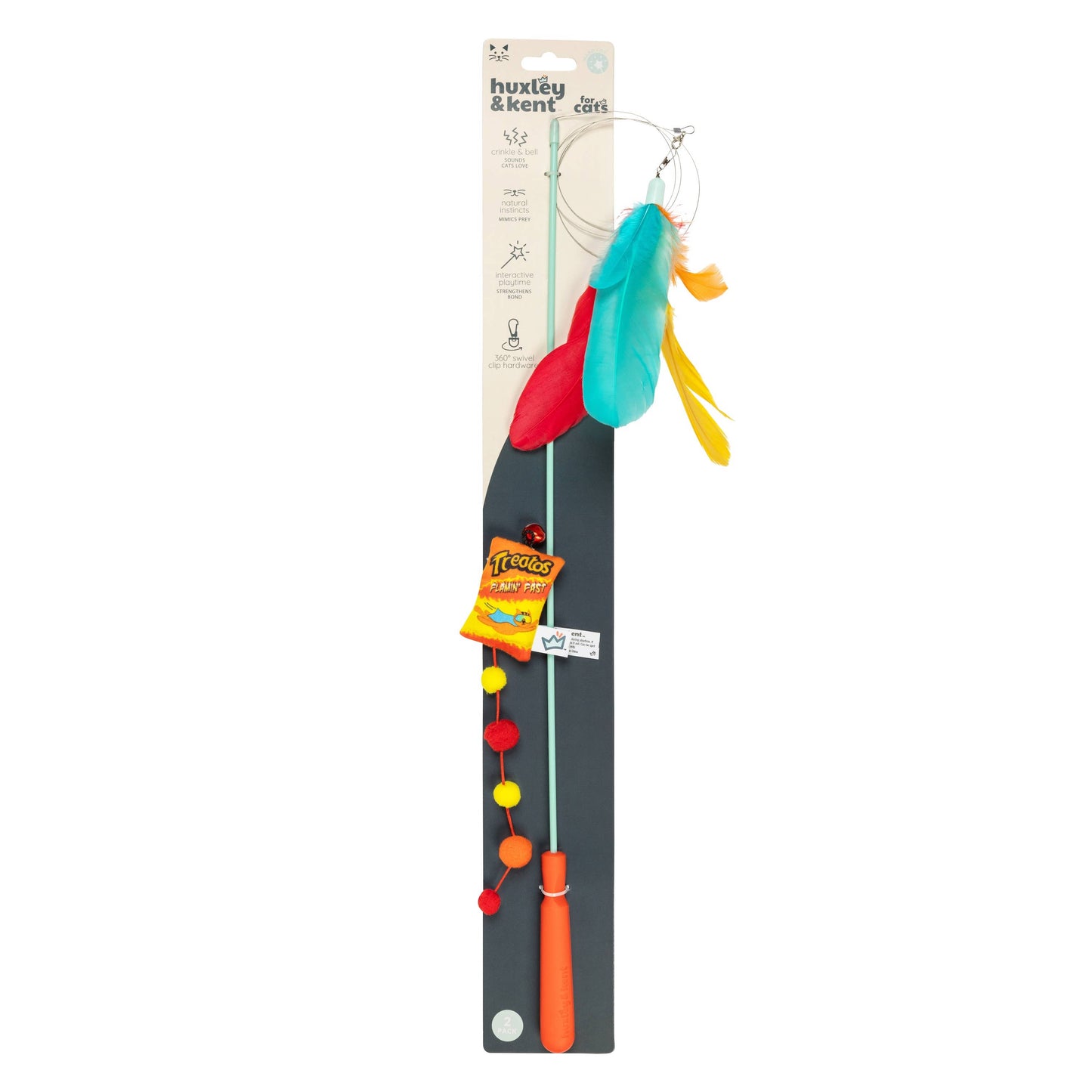 Interactive cat wand toy with colorful feathers, plush treatos pouch, and pom-poms attached.