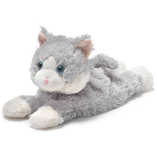 Gray and white plush cat with blue eyes in a relaxed laying pose; super soft with fluffy fur.