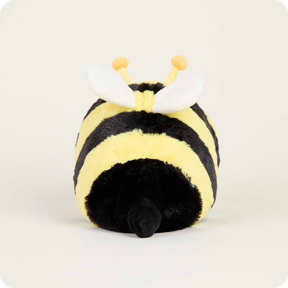 Cuddly plush bee with black and yellow stripes, white wings, and a lavender scent for cozy comfort.