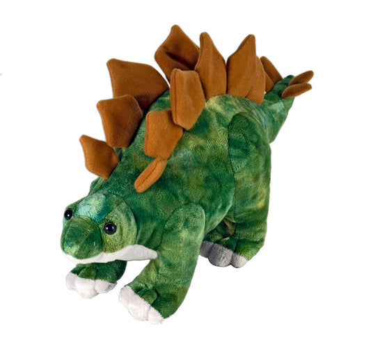 Green and brown plush Stegosaurus stuffed animal with soft spike details